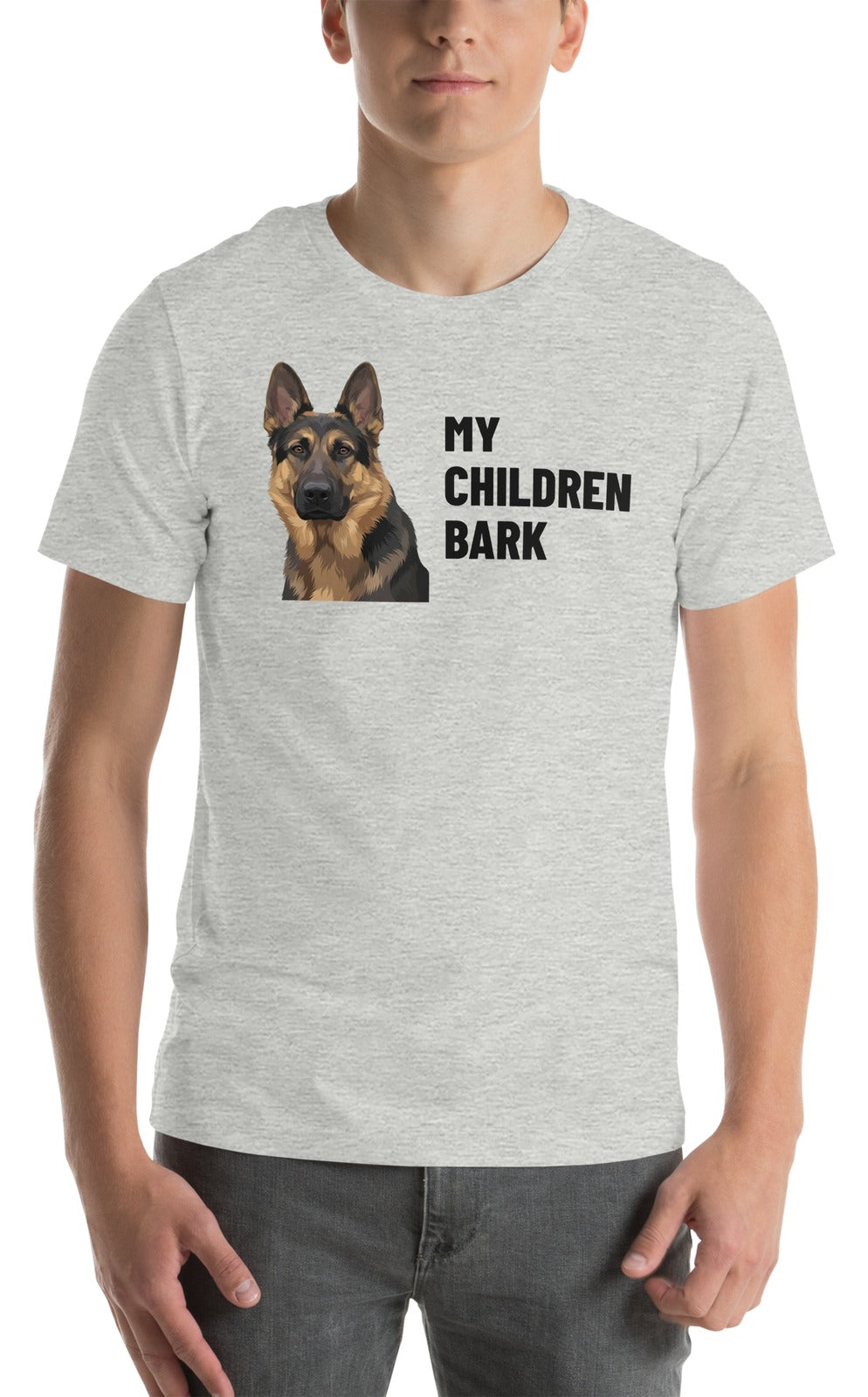 My Children Bark Custom Pet T-Shirt (Athletic Heather), Max the German Shepherd: worn by a model. [ks Colour=Athletic Heather; kind=product]