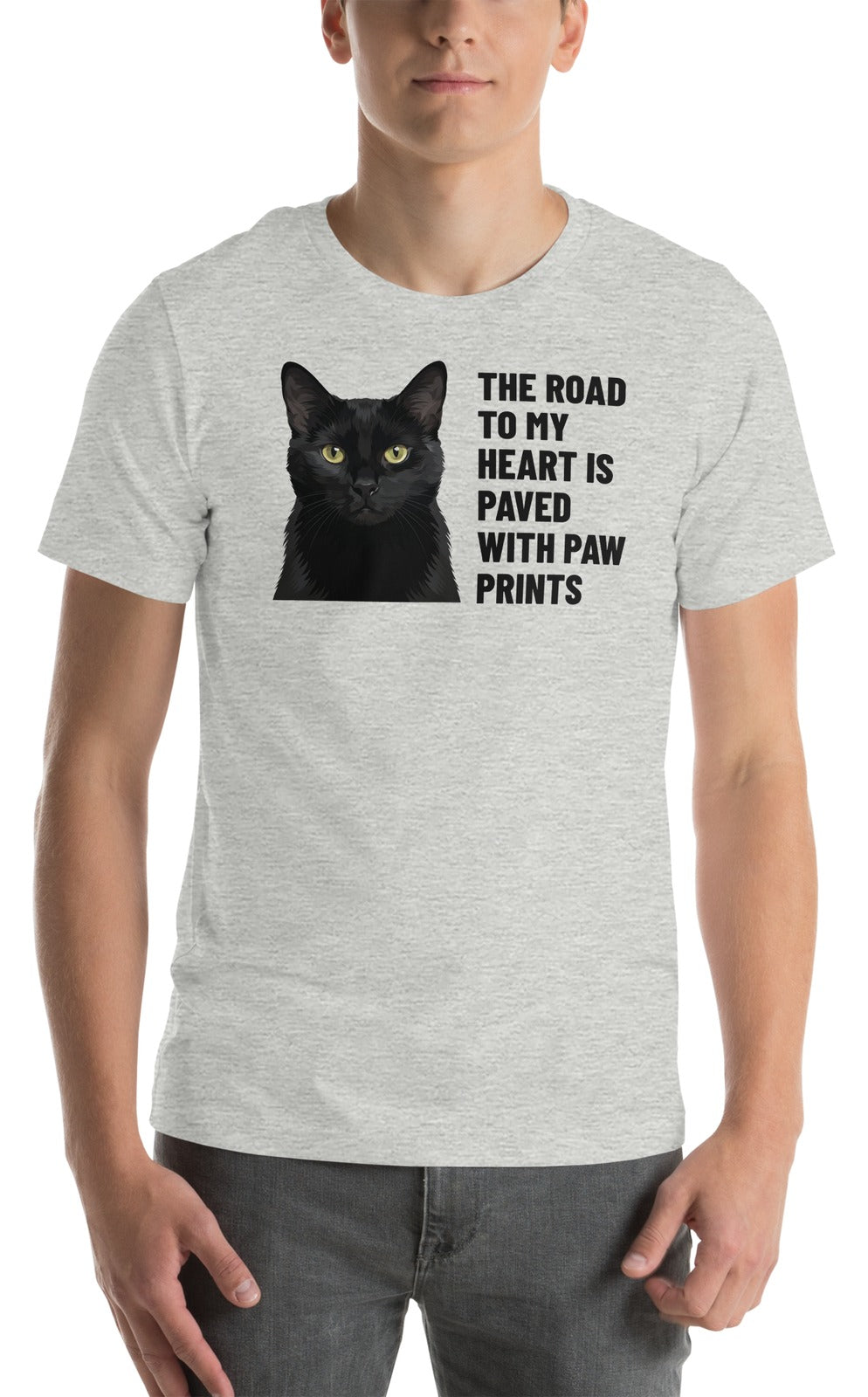 The Road To My Heart Is Paved With Paw Prints Custom Pet T-Shirt (Athletic Heather), Olive the black cat: worn by a model. [ks Colour=Athletic Heather; kind=product]
