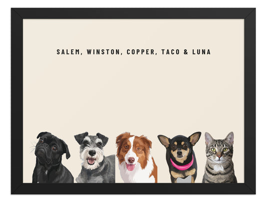 Custom Five Pet Portrait Framed Print (Black): Salem the Pug & Winston the Miniature Schnauzer & Copper the Australian Shepherd & Taco the Chihuahua & Luna the grey-brown tabby cat on a Cream background. [ks Frame=Black; Background=Cream]