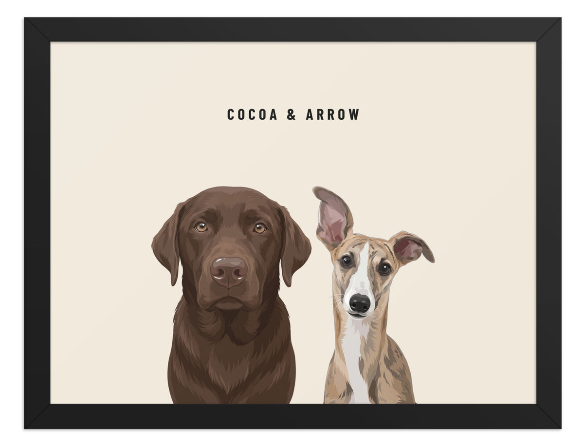 Custom Two Pet Portrait Framed Print (Black): Cocoa the chocolate Labrador & Arrow the Whippet on a Cream background. [ks Frame=Black; Background=Cream]