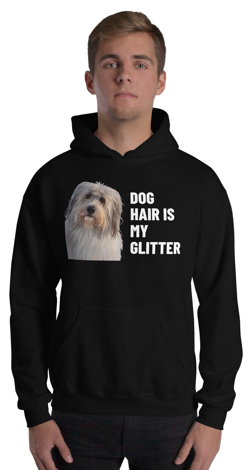 Dog Hair Is My Glitter Custom Pet Hoodie (Black), Gandalf the Sheepdog: worn by a model. [ks Colour=Black; kind=product]