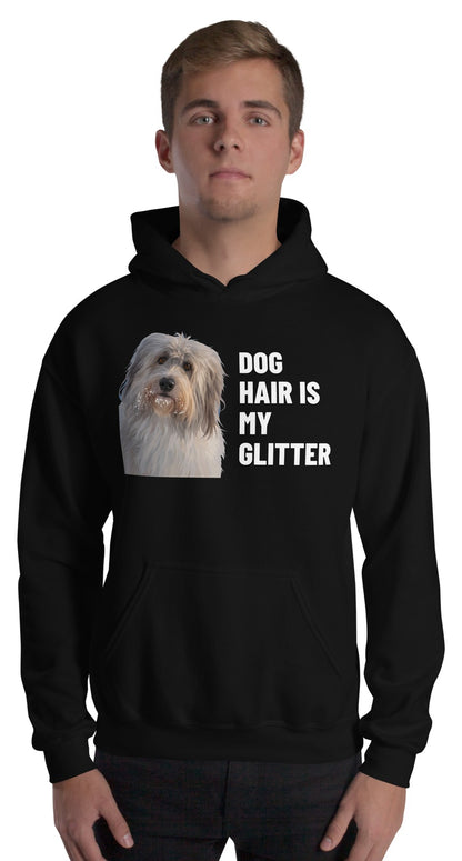 Dog Hair Is My Glitter Custom Pet Hoodie (Black), Gandalf the Sheepdog: worn by a model. [ks Colour=Black; kind=product]