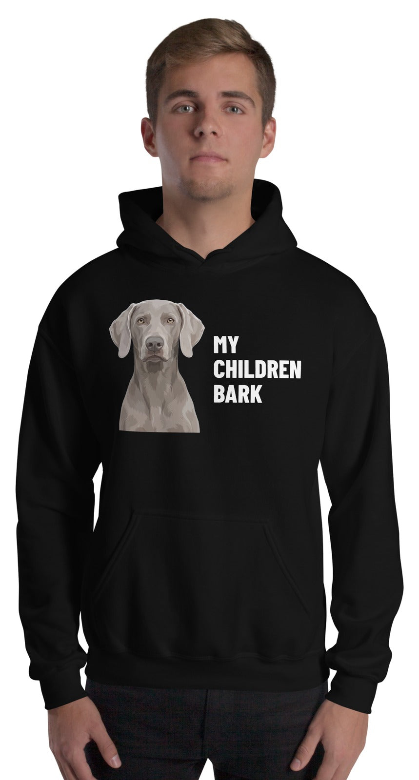 My Children Bark Custom Pet Hoodie (Black), Pewter the Weimaraner: worn by a model. [ks Colour=Black; kind=product]