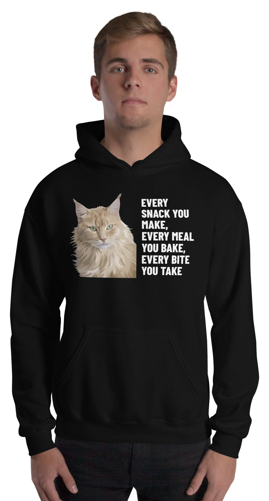 Every Snack You Make, Every Meal You Bake, Every Bite You Take Custom Pet Hoodie (Black), Caramel the Maine Coon cat: worn by a model. [ks Colour=Black; kind=product]