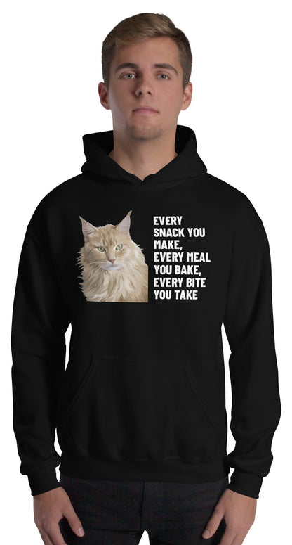 Every Snack You Make, Every Meal You Bake, Every Bite You Take Custom Pet Hoodie (Black), Caramel the Maine Coon cat: worn by a model. [ks Colour=Black; kind=product]