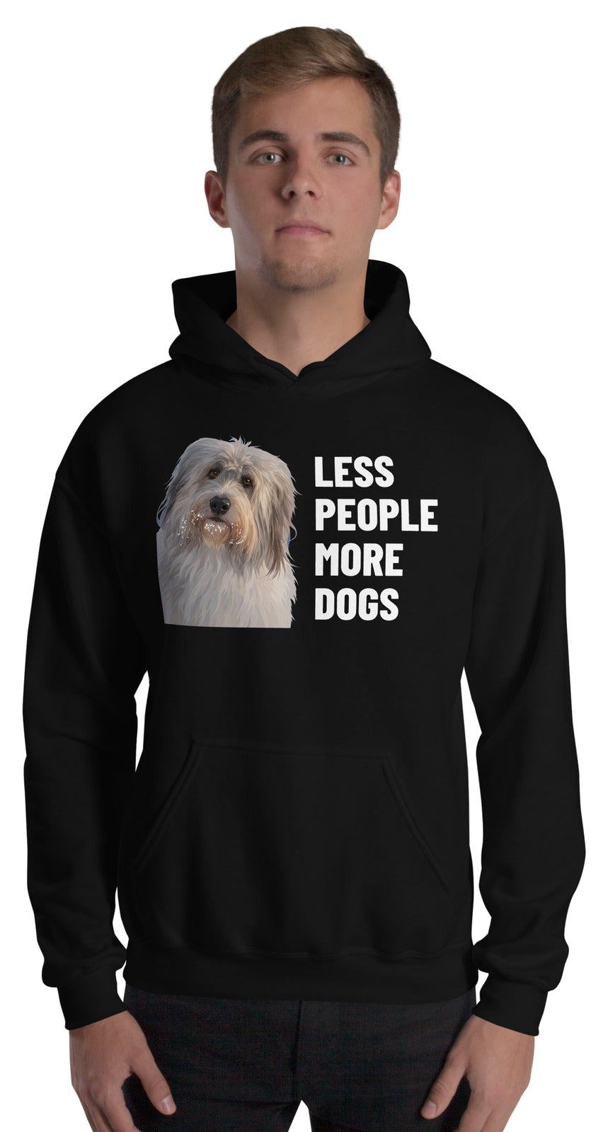 Less People More Dogs Custom Pet Hoodie (Black), Gandalf the Sheepdog: worn by a model. [ks Colour=Black; kind=product]