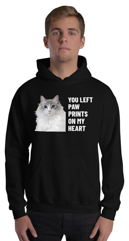 You Left Paw Prints On My Heart Custom Pet Hoodie (Black), Cloud the Ragdoll cat: worn by a model. [ks Colour=Black; kind=product]