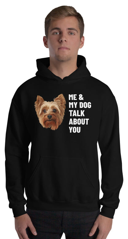 Me & My Dog Talk About You Custom Pet Hoodie (Black), Gizmo the Yorkshire Terrier: worn by a model. [ks Colour=Black; kind=product]