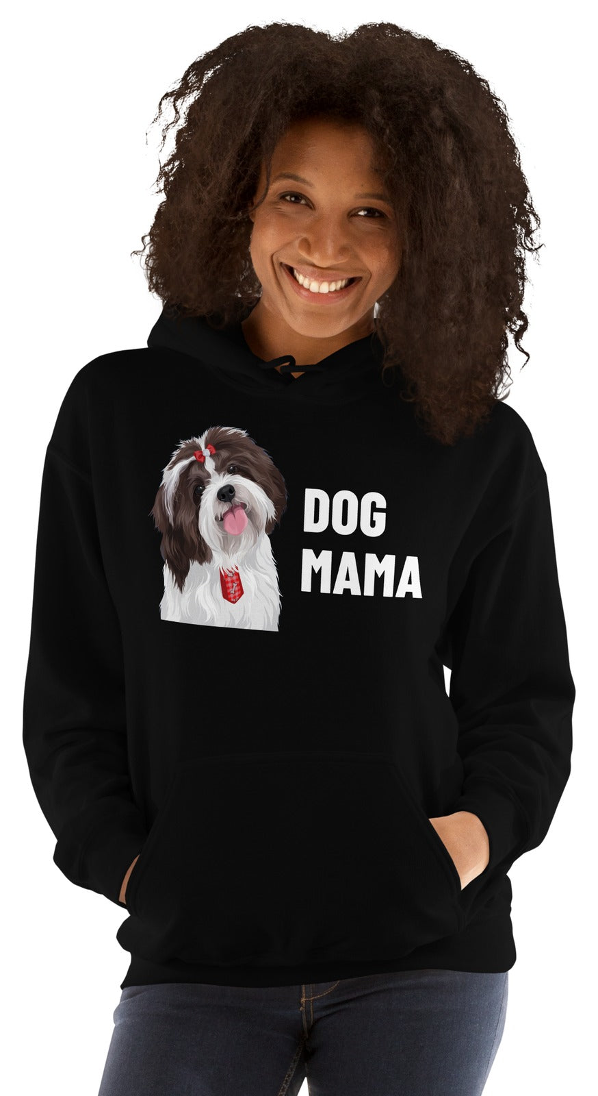 Dog Mama Custom Pet Hoodie (Black), Pippin the Shih Tzu: worn by a model. [ks Colour=Black; kind=product]