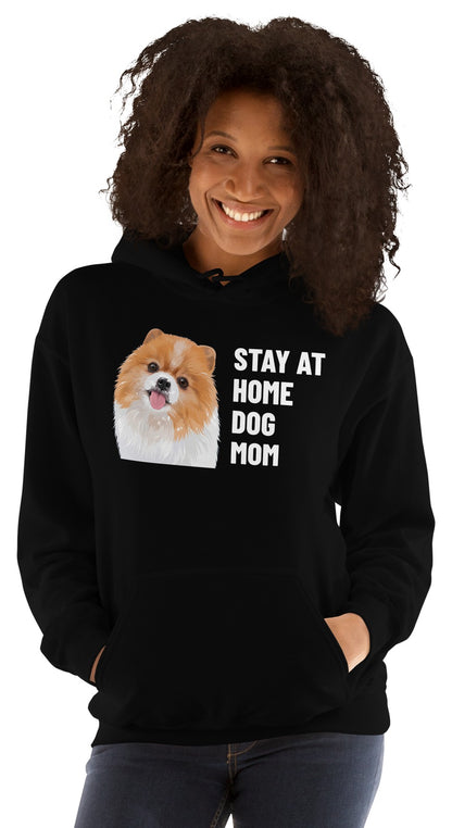 Stay At Home Dog Mom Custom Pet Hoodie (Black), Nugget the Pomeranian: worn by a model. [ks Colour=Black; kind=product]