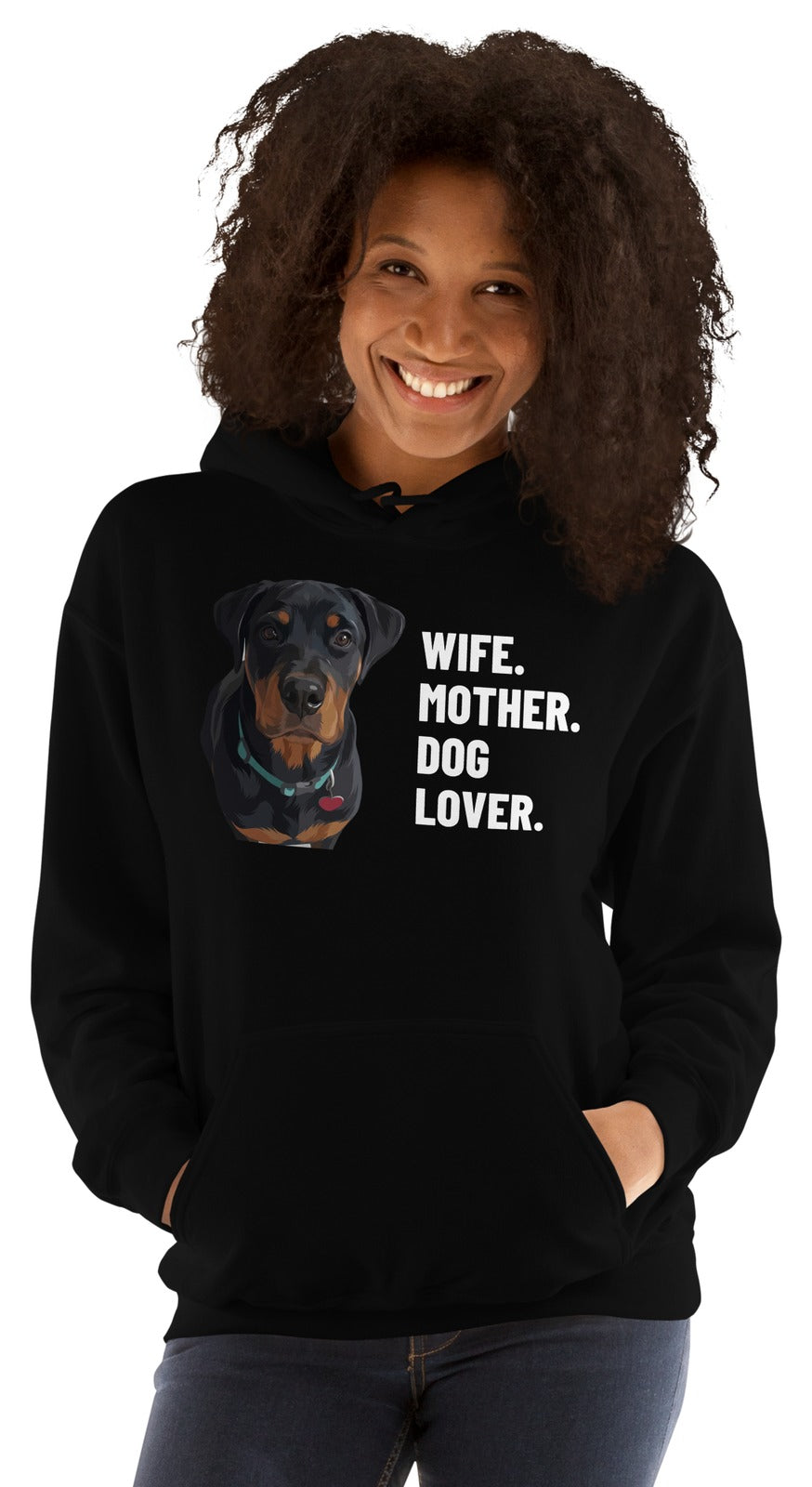 Wife. Mother. Dog Lover. Custom Pet Hoodie (Black), Thor the Rottweiler: worn by a model. [ks Colour=Black; kind=product]