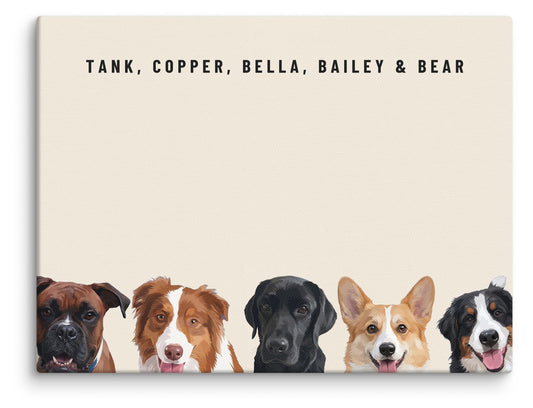 Custom Five Pet Portrait Canvas (Canvas): Tank the Boxer & Copper the Australian Shepherd & Bella the black Labrador & Bailey the Pembroke Welsh Corgi & Bear the Bernese Mountain Dog on a Cream background. [ks Style=Canvas; Background=Cream]