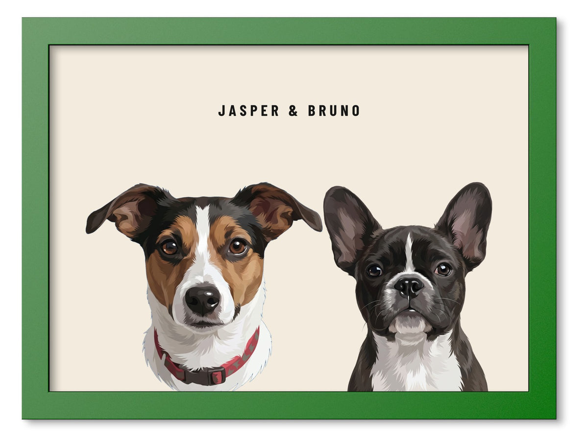Custom Two Pet Portrait Coloured Frame Print (Forest Green): Jasper the Jack Russell Terrier & Bruno the French Bulldog on a Cream background. [ks Frame Colour=Forest Green; Background=Cream]