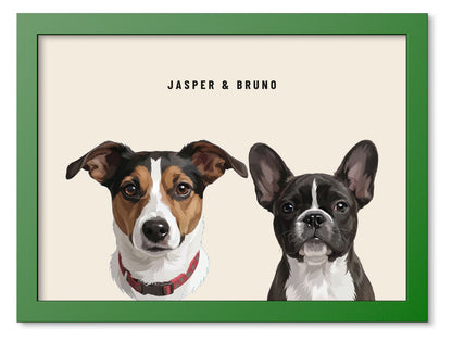 Custom Two Pet Portrait Coloured Frame Print (Forest Green): Jasper the Jack Russell Terrier & Bruno the French Bulldog on a Cream background. [ks Frame Colour=Forest Green; Background=Cream]