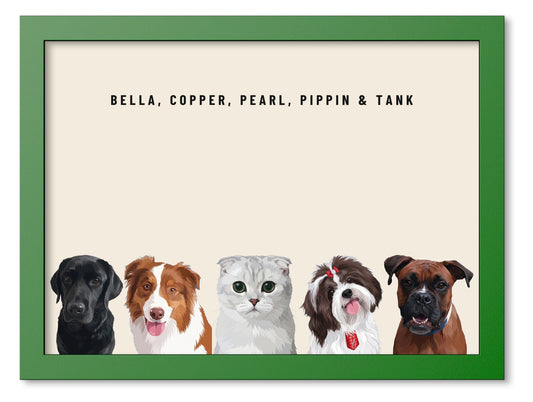 Custom Five Pet Portrait Coloured Frame Print (Forest Green): Bella the black Labrador & Copper the Australian Shepherd & Pearl the Scottish Fold cat & Pippin the Shih Tzu & Tank the Boxer on a Cream background. [ks Frame Colour=Forest Green; Background=Cream]
