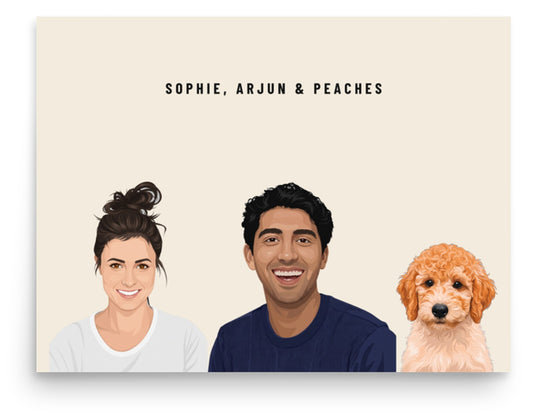 Custom Family Portrait (People & Pets) (Poster Only): Sophie & Arjun & Peaches the Miniature Poodle on a Cream background. [ks Style=Poster Only; Background=Cream]
