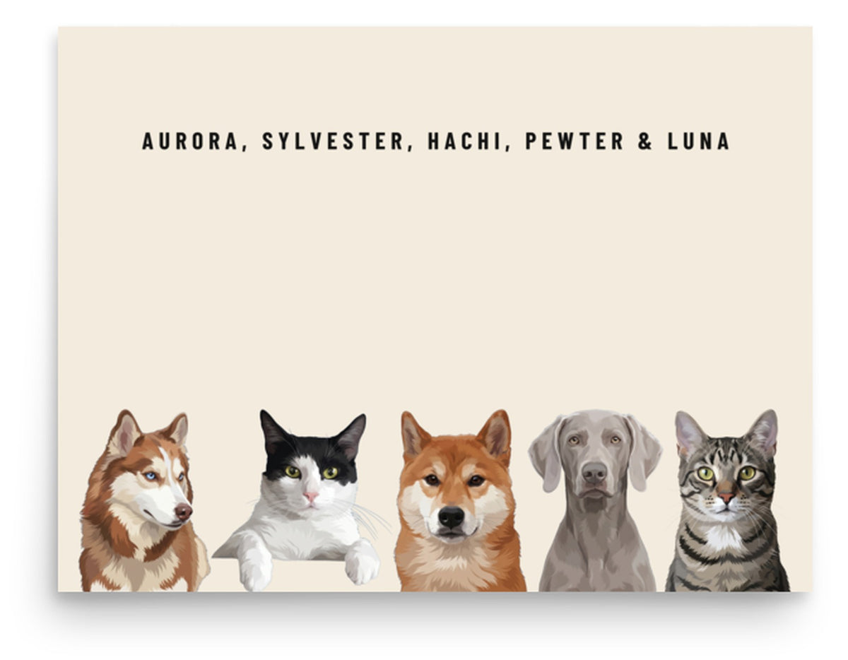 Holiday Custom Five Pet Portrait (Poster Only): Aurora the Siberian Husky & Sylvester the tuxedo cat & Hachi the Shiba Inu & Pewter the Weimaraner & Luna the grey-brown tabby cat on a Cream background. [ks Style=Poster Only; Background=Cream]