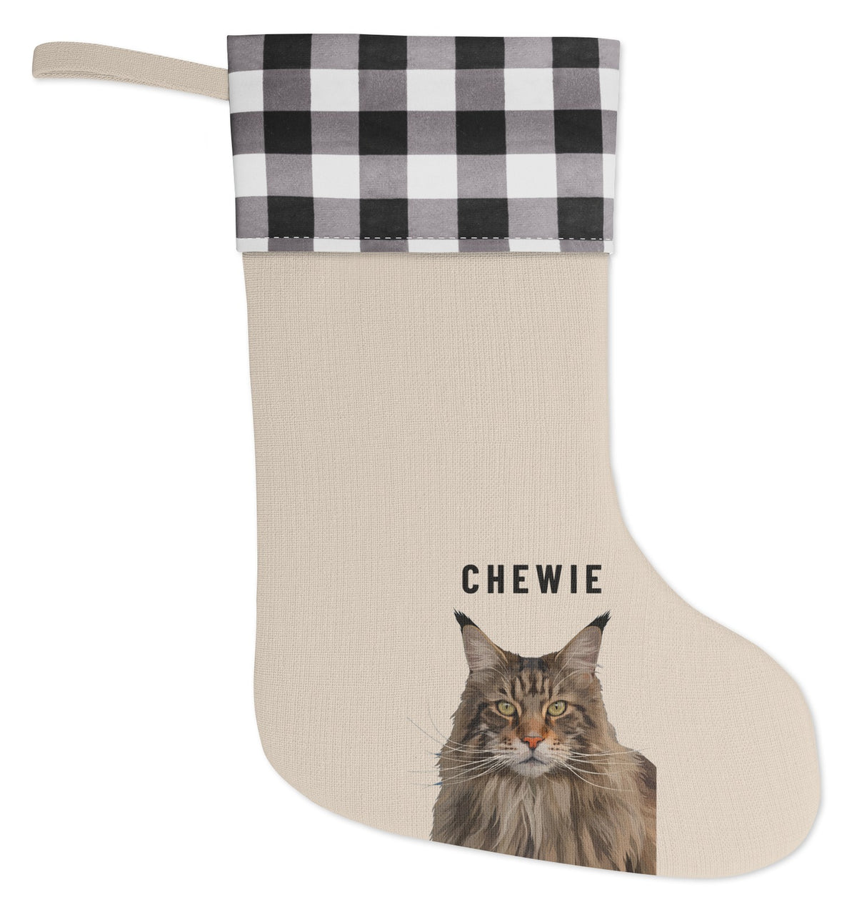 Custom Pet Christmas Stocking (White & Black), Chewie the Maine Coon cat: front view. [ks Stocking=White & Black; kind=product]