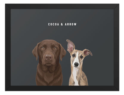 Custom Two Pet Portrait Framed Print (Black): Cocoa the chocolate Labrador & Arrow the Whippet on a Charcoal background. [ks Frame=Black; Background=Charcoal]