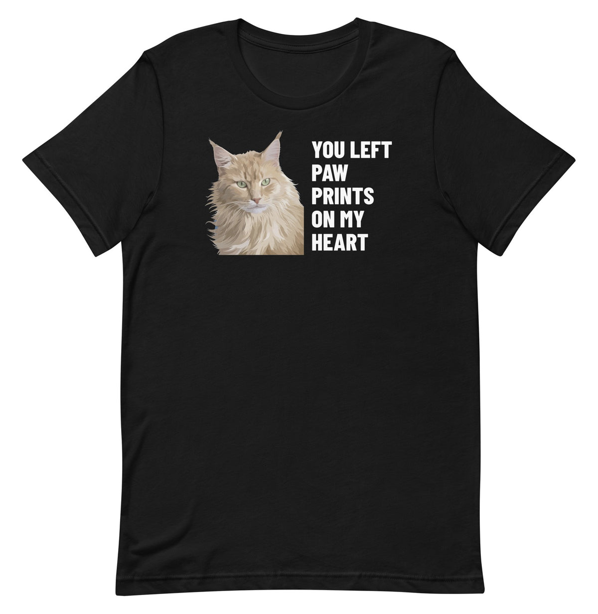 You Left Paw Prints On My Heart Custom Pet T-Shirt (Black), Caramel the Maine Coon cat: front view. [ks Colour=Black; kind=product]