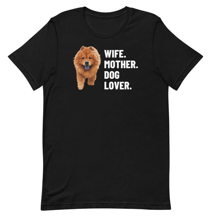 Wife. Mother. Dog Lover. Custom Pet T-Shirt (Black), Simba the Chow Chow: front view. [ks Colour=Black; kind=product]