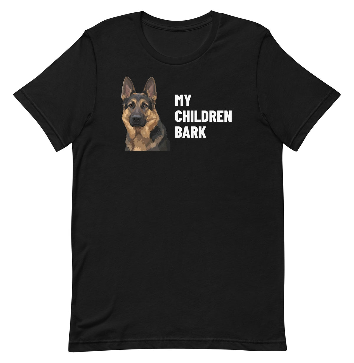 My Children Bark Custom Pet T-Shirt (Black), Max the German Shepherd: front view. [ks Colour=Black; kind=product]
