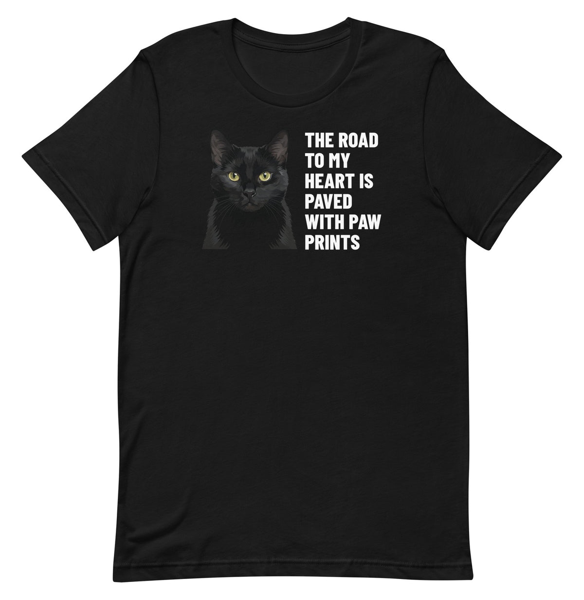 The Road To My Heart Is Paved With Paw Prints Custom Pet T-Shirt (Black), Olive the black cat: front view. [ks Colour=Black; kind=product]
