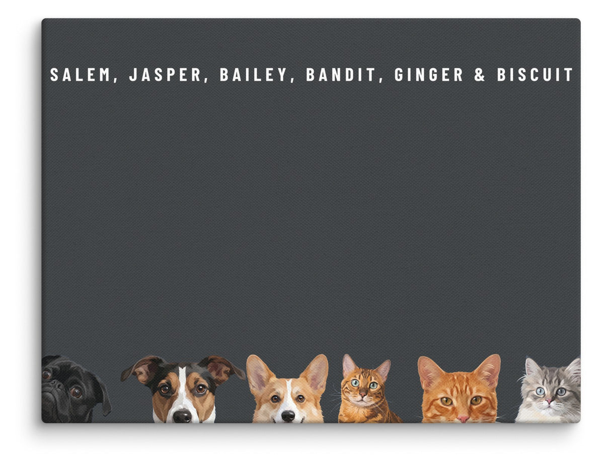 Custom Six Pet Portrait Canvas (Canvas): Salem the Pug & Jasper the Jack Russell Terrier & Bailey the Pembroke Welsh Corgi & Bandit the Bengal cat & Ginger the orange tabby cat & Biscuit the tabby kitten on a Charcoal background. [ks Style=Canvas; Background=Charcoal]