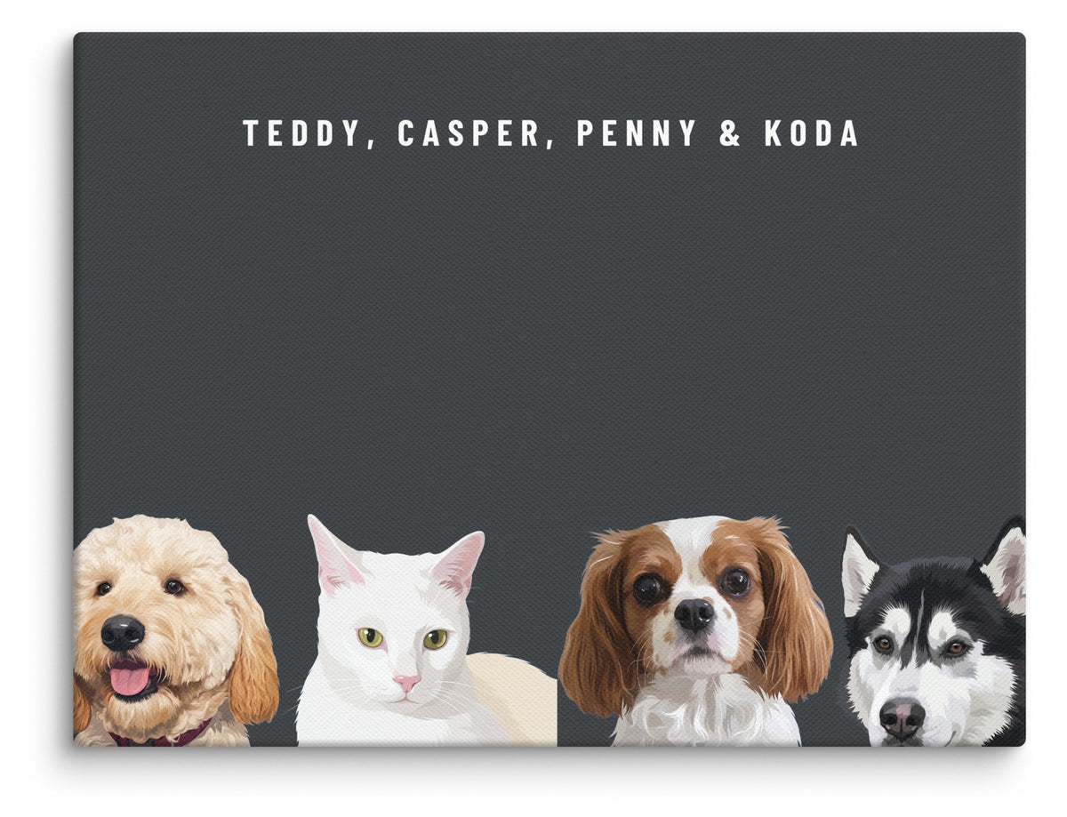 Custom Four Pet Portrait Canvas (Canvas): Teddy the Goldendoodle & Casper the white cat & Penny the Cavalier King Charles Spaniel & Koda the Siberian Husky on a Charcoal background. [ks Style=Canvas; Background=Charcoal]