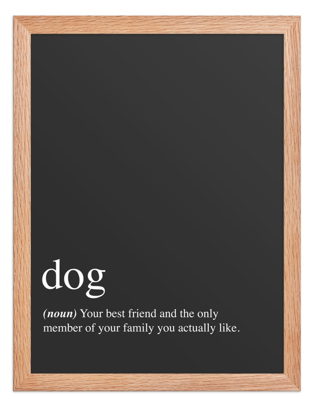 Dog: Your Best Friend Quote Sign (Charcoal / Oak Frame): front view. [ks Background=Charcoal; Style=Oak Frame; kind=product]