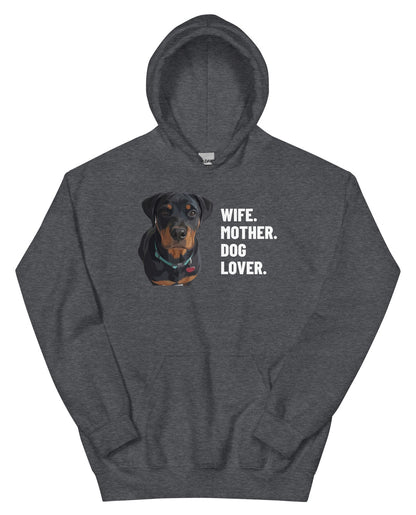 Wife. Mother. Dog Lover. Custom Pet Hoodie (Dark Heather), Thor the Rottweiler: front view. [ks Colour=Dark Heather; kind=product]