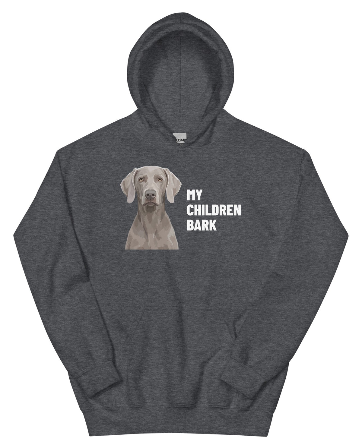 My Children Bark Custom Pet Hoodie (Dark Heather), Pewter the Weimaraner: front view. [ks Colour=Dark Heather; kind=product]
