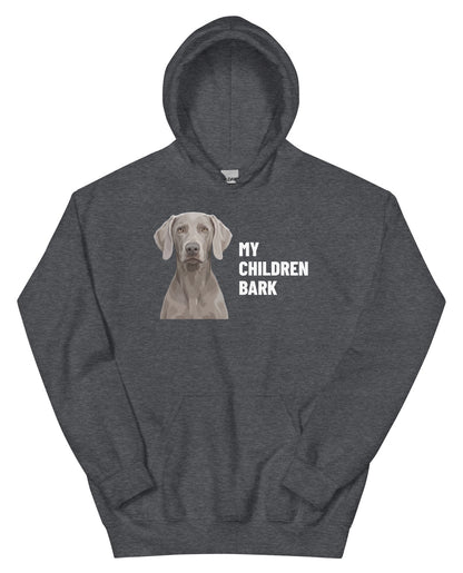 My Children Bark Custom Pet Hoodie (Dark Heather), Pewter the Weimaraner: front view. [ks Colour=Dark Heather; kind=product]