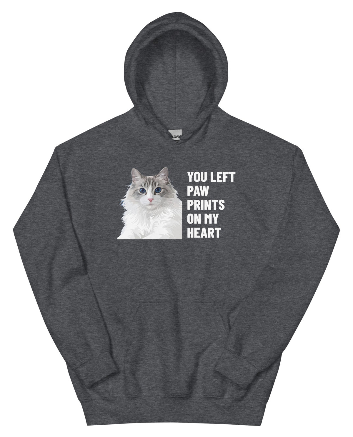 You Left Paw Prints On My Heart Custom Pet Hoodie (Dark Heather), Cloud the Ragdoll cat: front view. [ks Colour=Dark Heather; kind=product]