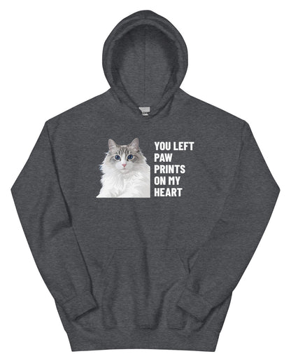 You Left Paw Prints On My Heart Custom Pet Hoodie (Dark Heather), Cloud the Ragdoll cat: front view. [ks Colour=Dark Heather; kind=product]