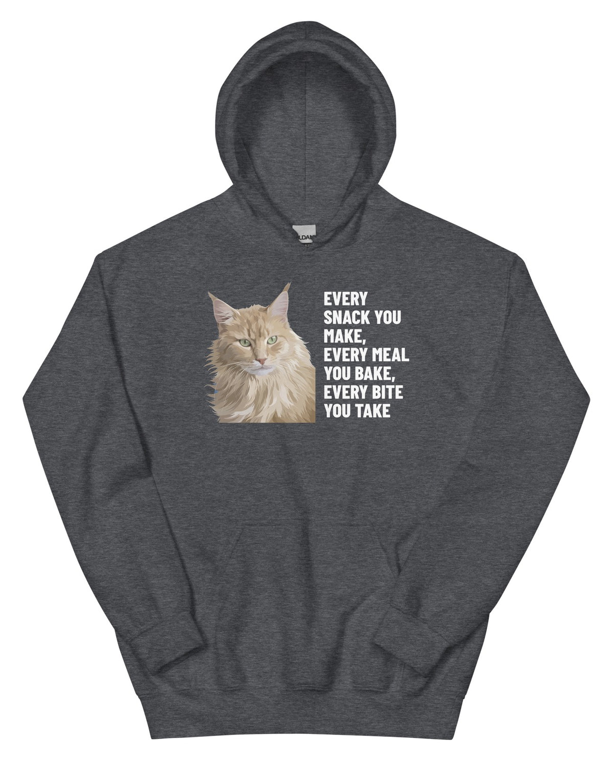 Every Snack You Make, Every Meal You Bake, Every Bite You Take Custom Pet Hoodie (Dark Heather), Caramel the Maine Coon cat: front view. [ks Colour=Dark Heather; kind=product]