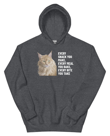 Every Snack You Make, Every Meal You Bake, Every Bite You Take Custom Pet Hoodie (Dark Heather), Caramel the Maine Coon cat: front view. [ks Colour=Dark Heather; kind=product]