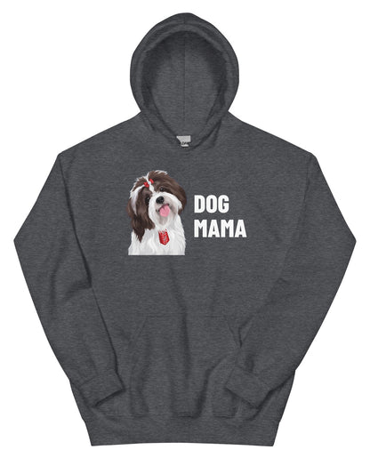 Dog Mama Custom Pet Hoodie (Dark Heather), Pippin the Shih Tzu: front view. [ks Colour=Dark Heather; kind=product]