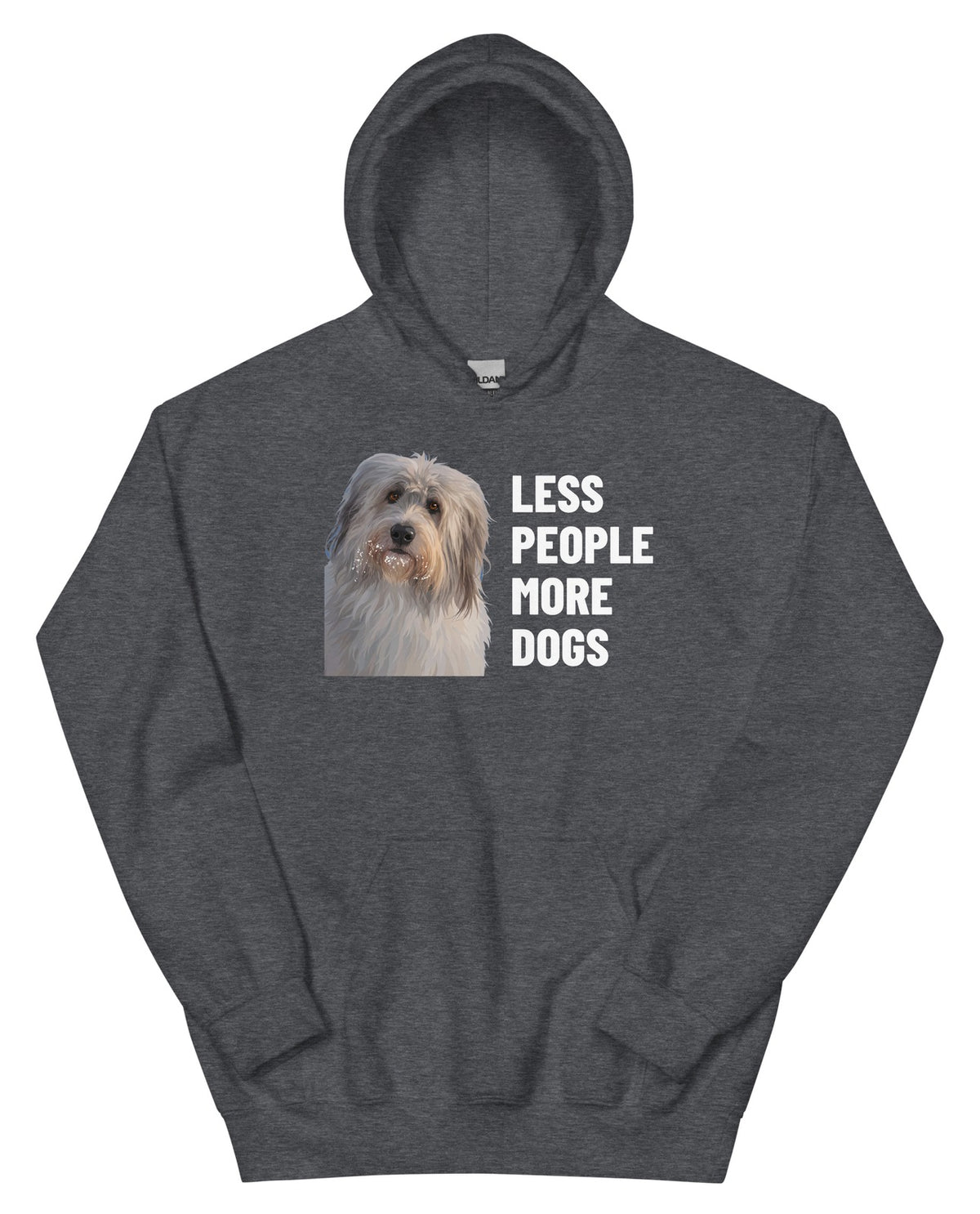 Less People More Dogs Custom Pet Hoodie (Dark Heather), Gandalf the Sheepdog: front view. [ks Colour=Dark Heather; kind=product]