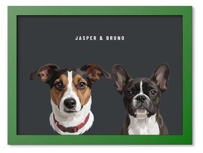 Custom Two Pet Portrait Coloured Frame Print (Forest Green): Jasper the Jack Russell Terrier & Bruno the French Bulldog on a Charcoal background. [ks Frame Colour=Forest Green; Background=Charcoal]