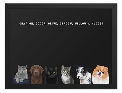 Custom Six Pet Portrait Framed Print (Black): Grayson the British Shorthair cat & Cocoa the chocolate Labrador & Olive the black cat & Shadow the grey tabby cat & Willow the Border Collie & Nugget the Pomeranian on a Obsidian background. [ks Frame=Black; Background=Obsidian]