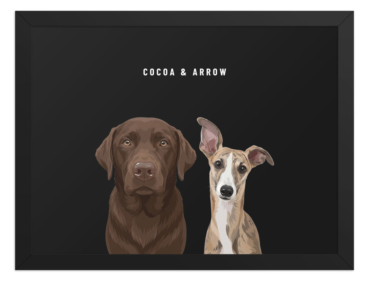 Custom Two Pet Portrait Framed Print (Black): Cocoa the chocolate Labrador & Arrow the Whippet on a Obsidian background. [ks Frame=Black; Background=Obsidian]