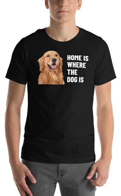 Home Is Where The Dog Is Custom Pet T-Shirt (Black), Cooper the Golden Retriever: worn by a model. [ks Colour=Black; kind=product]