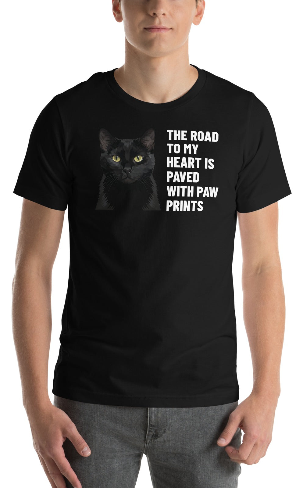The Road To My Heart Is Paved With Paw Prints Custom Pet T-Shirt (Black), Olive the black cat: worn by a model. [ks Colour=Black; kind=product]