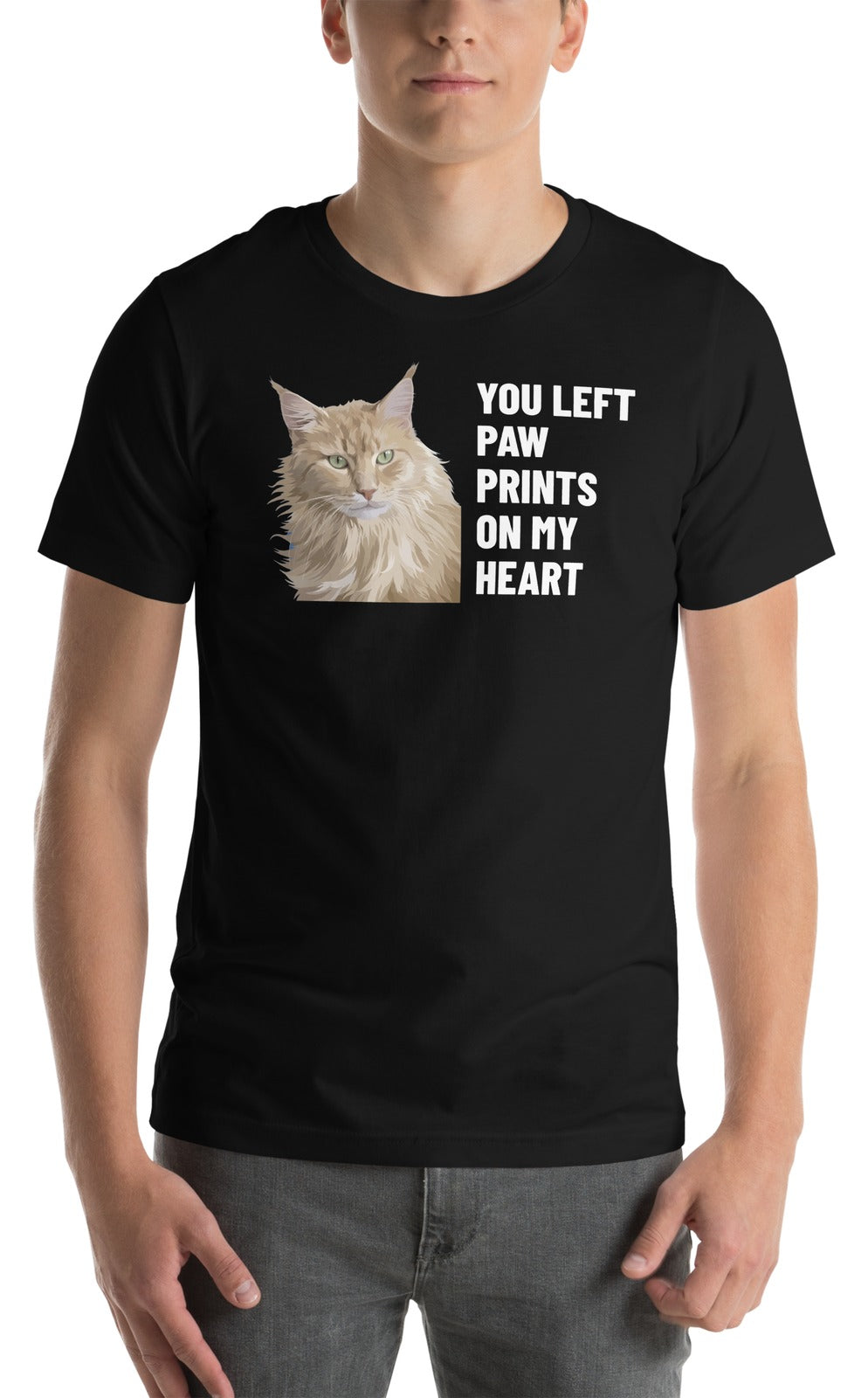You Left Paw Prints On My Heart Custom Pet T-Shirt (Black), Caramel the Maine Coon cat: worn by a model. [ks Colour=Black; kind=product]