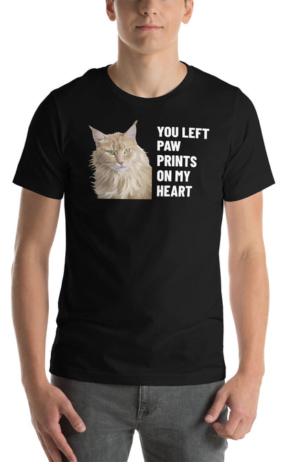 You Left Paw Prints On My Heart Custom Pet T-Shirt (Black), Caramel the Maine Coon cat: worn by a model. [ks Colour=Black; kind=product]