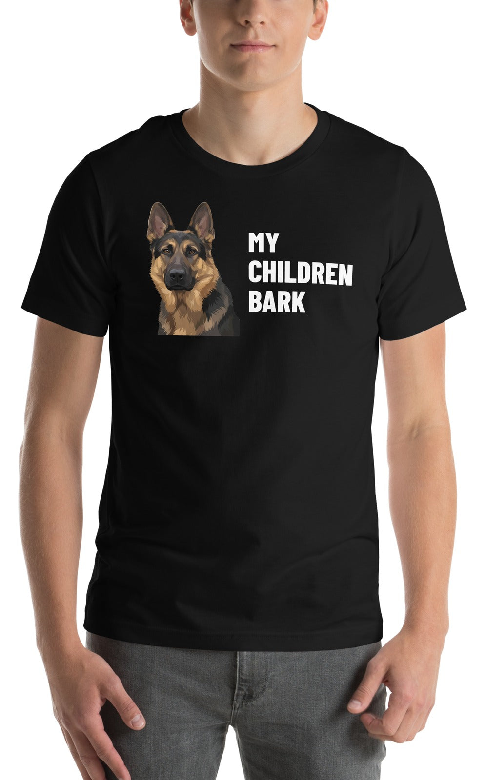 My Children Bark Custom Pet T-Shirt (Black), Max the German Shepherd: worn by a model. [ks Colour=Black; kind=product]