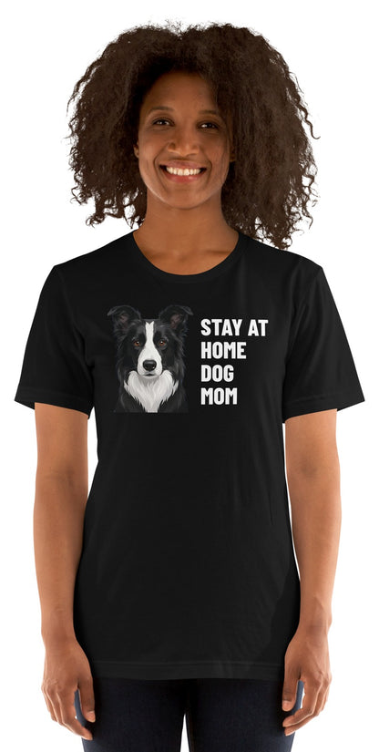 Stay At Home Dog Mom Custom Pet T-Shirt (Black), Oreo the Border Collie: worn by a model. [ks Colour=Black; kind=product]