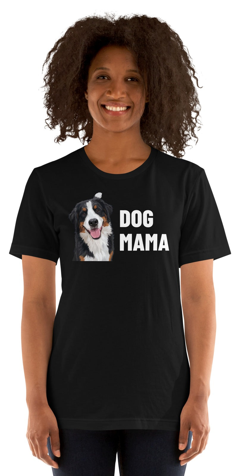 Dog Mama Custom Pet T-Shirt (Black), Bear the Bernese Mountain Dog: worn by a model. [ks Colour=Black; kind=product]