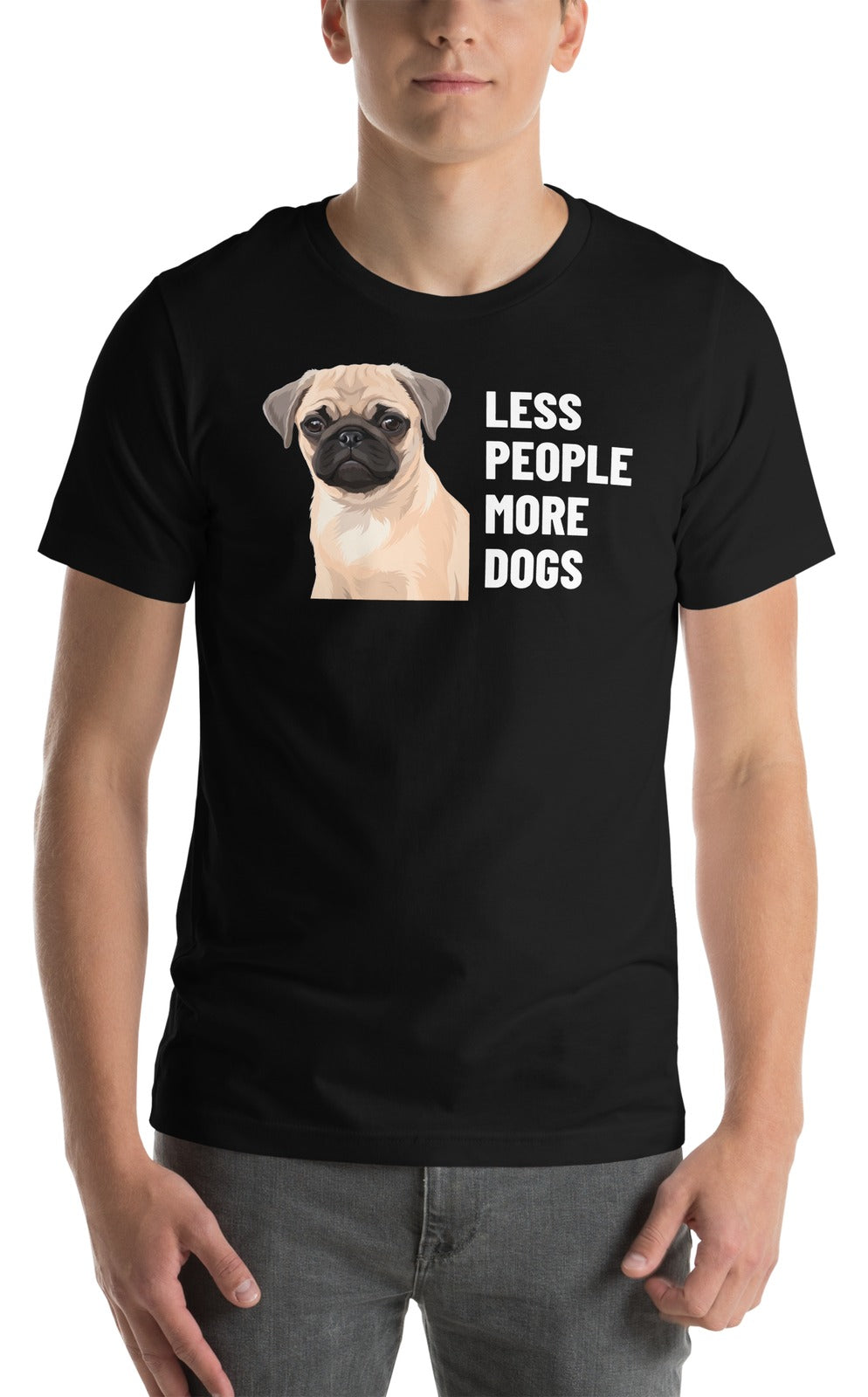 Less People More Dogs Custom Pet T-Shirt (Black), Waffles the Pug: worn by a model. [ks Colour=Black; kind=product]